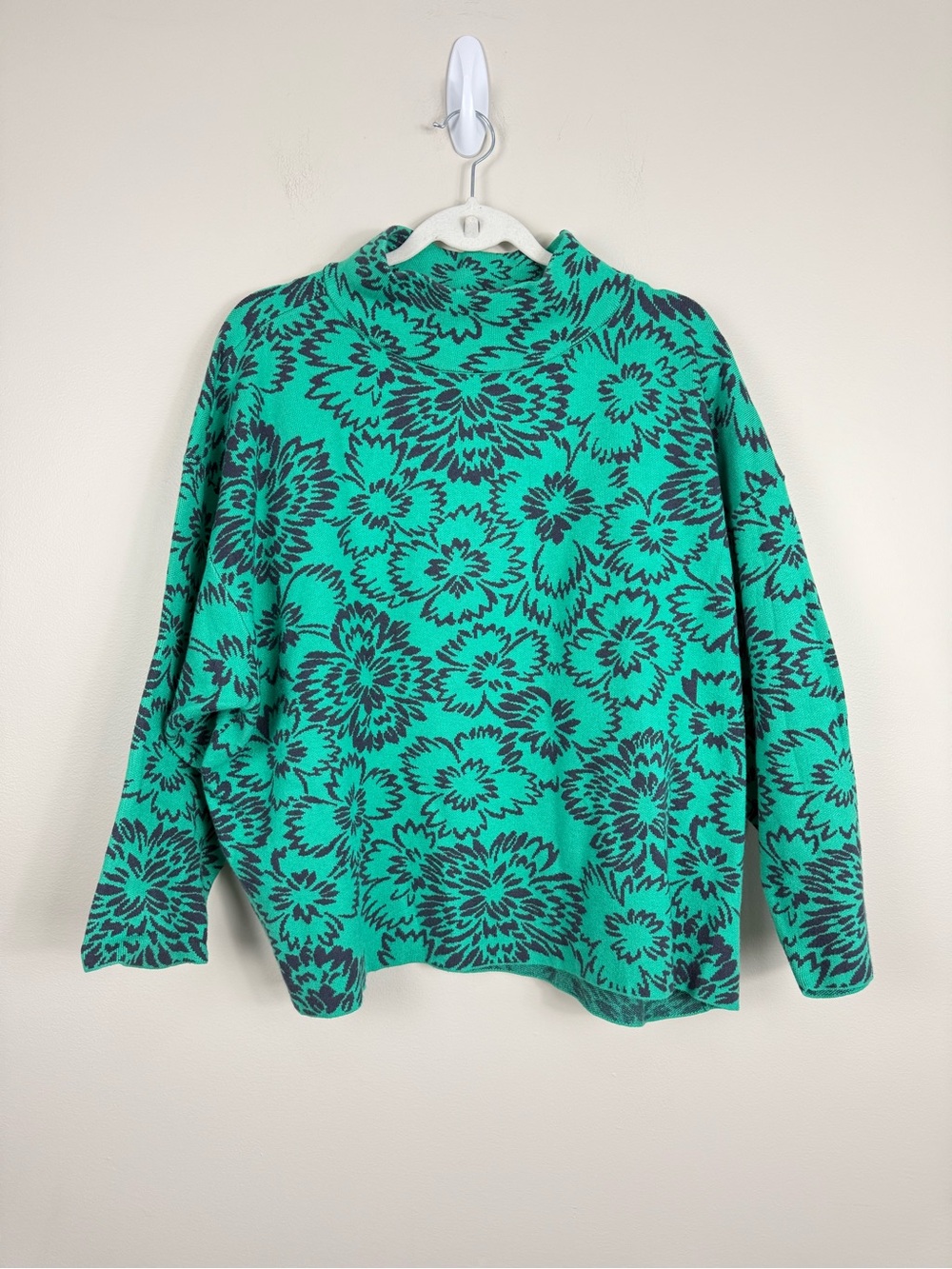 Maeve Mock Neck Floral Sweater Womens 1X Green Blue Knit Pullover Preppy Winter